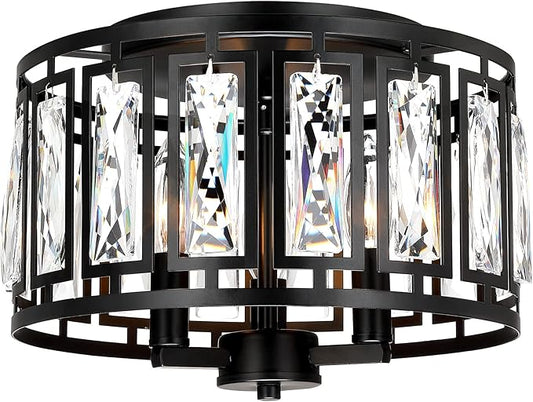 Crystal Ceiling Light Flush Mount for Bedroom, Kitchen Island Crystal Drum Shade Lighting Fixture, 3-Light Black Ceiling Lamp for Dining Room