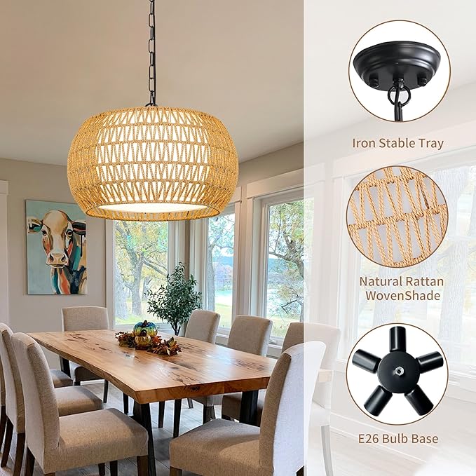 Farmhouse Chandelier Light Fixture,Rattan Boho Chandeliers for Dining Room,Large Pendant Lights Kitchen Island Hanging Light Fixtures Wicker Chandeliers for Bedroom Living Room Kitchen Nursery