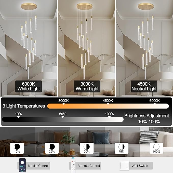 12-Light High Ceiling Chandeliers Modern Black Crystal Chandeliers for Entryway Long Spiral LED Dimmable Chandelier Flush Mount Ceiling Staircase Foyer Living Room Ceilings Light Fixture