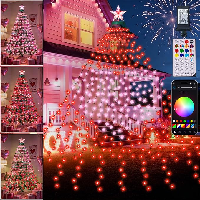 Smart Christmas Tree Lights with Star Topper, 394LED APP Control Music Sync Color Changing RGB Christmas String Lights, Cascading Twinkle Lights for Indoor Outdoor Xmas Tree Decorations