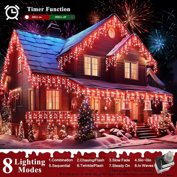 XURISEN 66ft Christmas Lights Decorations Outdoor, 640 LED 8 Modes Curtain Fairy Lights with 120 Drops,Plug in Waterproof Timer Memory Function for Christmas Holiday Wedding Party Decor(Red+White)