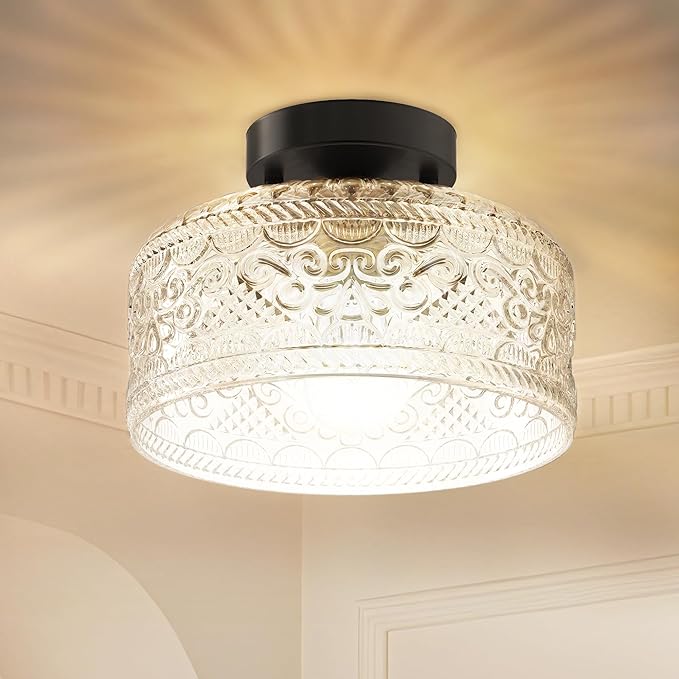 Semi Flush Mount Ceiling Light Black, Upgraded Larger Vintage Glass Pendant Lamp Shade, Modern Farmhouse Light Fixture for Hallway Corridor Kitchen Entryway Bedroom, Bulb Not Included