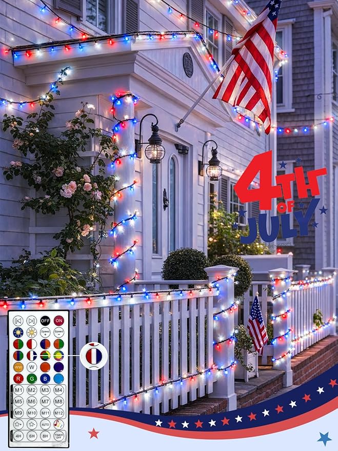 600LED Smart 4th of July String Lights App Controlled, 208T Waterproof Red White and Blue Lights, Patriotic RGB Color Changing Twinkle Light with Remote & Timer Indoor Outdoor for Memorial Day Decor