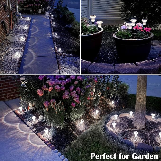 Priddop Pathway Solar Lights Outdoor Waterproof 6000K Cold White LED 8 Pack | Mushroom Yard Garden Decorative Driveway Walkway Outside Patio Replaceable Battery Acrylic ABS Stake Landscape Path Lights