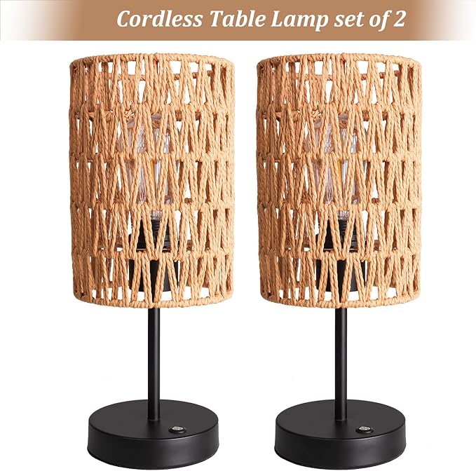 Rechargeable Outdoor Table Lamps, Rattan Boho Cordless Battery Operated Table Lamps, Patio Lamp for Living Room, Balcony, Bedside Decor- Set of 2 (Beige)