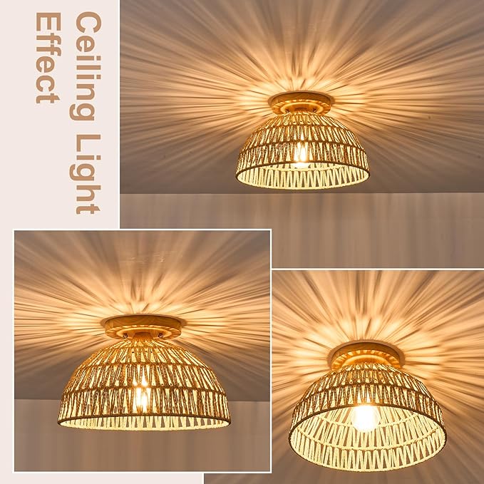 13 Inch Rattan Flush Mount Ceiling Lights Farmhouse Boho Ceiling Light Fixtures Rustic Wicker Hand Woven Rope Cage for Dining Room Kitchen Bedroom Foyer Hallway Entryway 2 Packs