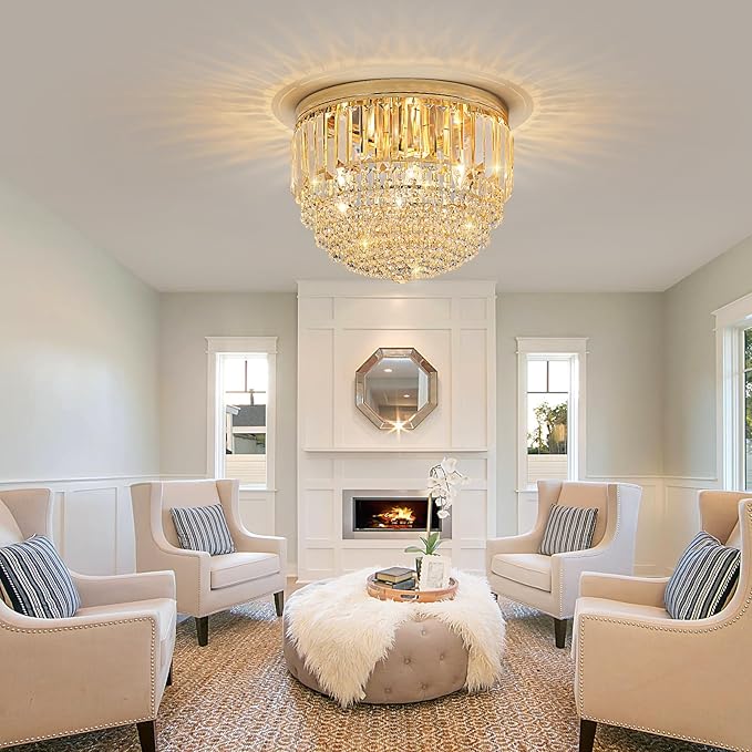 YMP&YZX Modern French Gold Crystal Chandelier Ceiling Light,15.7" Semi Flush Mount 5-Lights LED Crystal Round Chandelier Light E12 Base for Bedroom Living Room