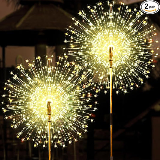 JJGoo Solar Firework Lights, 2 Pack 150 LEDs 2 Lighting Modes Solar Lights Outdoor Waterproof for Garden Patio Walkway Pathway Party Wedding Christmas Decorative - Warm White