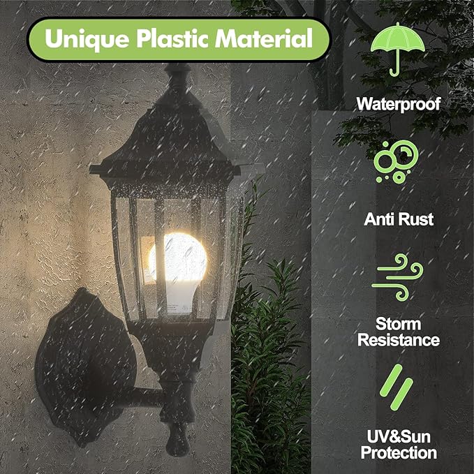 EMART Plastic Outdoor Wall Light Fixtures with Bulbs, Waterproof and Anti-Corrosion Porch Sconces, Exterior Lanterns Wall Mount Lamp for Outside, Garage, Front Door, House, Patio, 2 Pack, Black