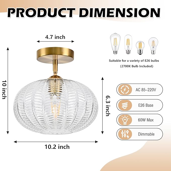 Bagood Gold Semi Flush Mount Ceiling Light Fixture Vintage Ceiling Light Fixture Farmhouse Globe Glass Mid Century Textured Glass Hallway Fixture for Bathroom Entryway (Bulb Incl.)