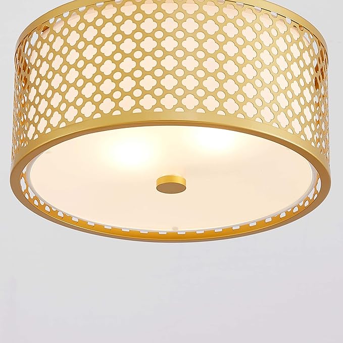 Farmhouse Drum Ceiling Light, 2-Light Mid-Century Modern Semi-Flushmount Light Fixture for Bedroom, Entryway, Kitchen, D13xH9inch, Gold Finish Patterned Lampshade & White Fabric Inner Shade