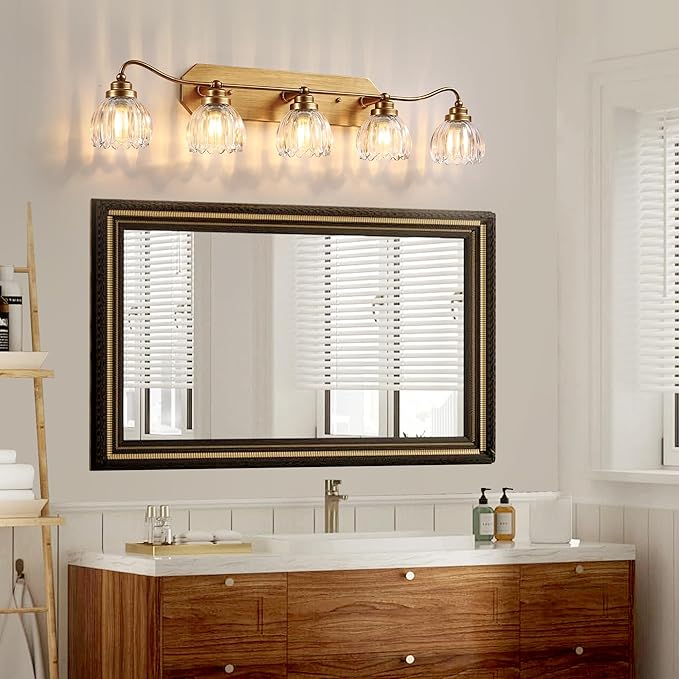 Vintage Bathroom Light Fixtures, 5 Light Gold Bathroom Vanity Light, Matte Antique Brass Finish with Crystal Glass Shade, Wall Sconces Lighting for Bedroom, Living Room, Hallway