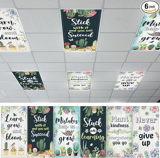 6 Pcs Fluorescent Light Covers with 60 Magnets Decorative for Classroom Ceiling Lights 4 x 2 Feet Magnetic Light Cover Filter Easy Install for Office Hospital Home Ceiling Supplies (Succulents)