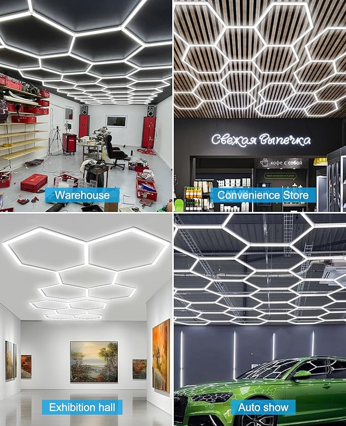 Hexagon led Lights: DIY Ceiling LED Light Hexagon Garage Lights 63070LM for Warehouse Workshop Barbershop Car Care Wash Room Auto Beauty Shop Gym Exhibition Hall 14 Grids without Rectangle Frame 6500K