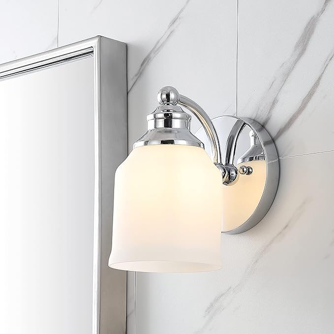 JONATHAN Y 7.5" Chrome Modern Farmhouse LED Vanity Light Wall Sconce Fixture, Frosted White Glass Shade, Dimmable Wall Lamp for Bathroom Mirror Kitchen Sink, UL Listed JYL7549A