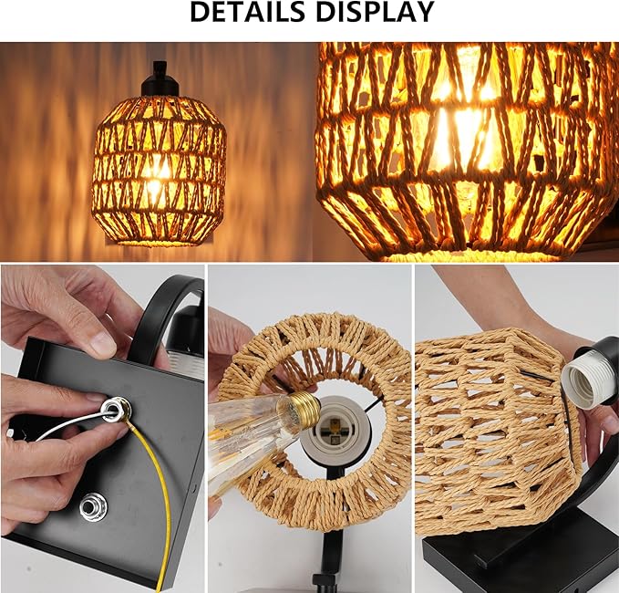 lobolighting Boho Rattan Wall Sconces Hardwired Hand-Woven Farmhouse Wall Lamps Indoor Rustic Wall Mount Light Fixtures for Bedroom Living Room Nursery Hallway 1Pack