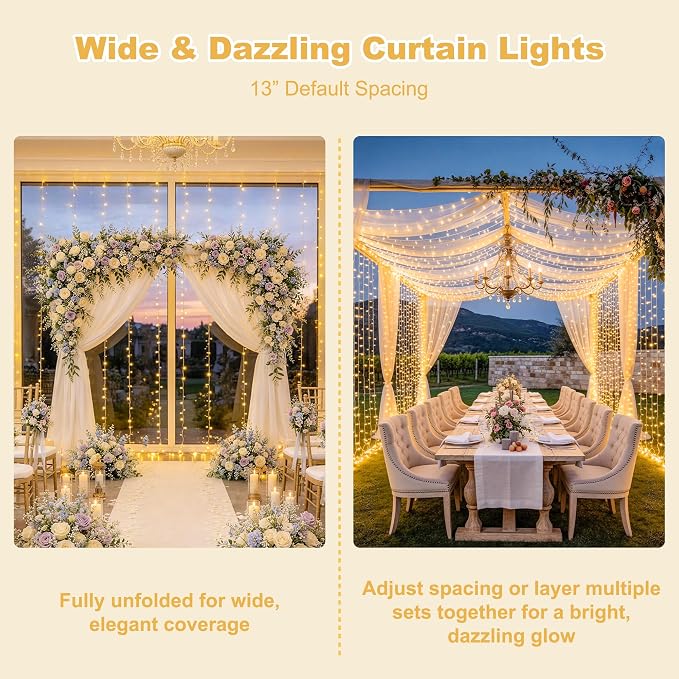 JMEXSUSS 900 LED Outdoor Curtain Lights, 9.5x29.5ft Christmas Lights Plug in with Remote, Twinkle Hanging String Light for Bedroom Wall Wedding Backdrop Window Gazebo Decor, Warm White