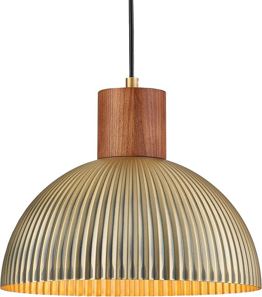 ELYONA Vintage Ash Wood Dome Pendant Light 12" Hanging Lamp with Brushed Brass Metal Shade & Gold Inner Finish, Modern Pendant Light Fixtures for Kitchen Island Dining Room Bedroom Living Room Hallway