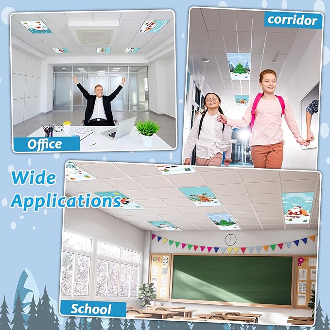 8 Pcs Fluorescent Light Covers with 60 Magnets Decorative Classroom Ceiling Lights 4 x 2 Feet Magnetic Light Cover Filter Easy Install for Office Hospital Home Ceiling Supply(Winter Christmas Cartoon)