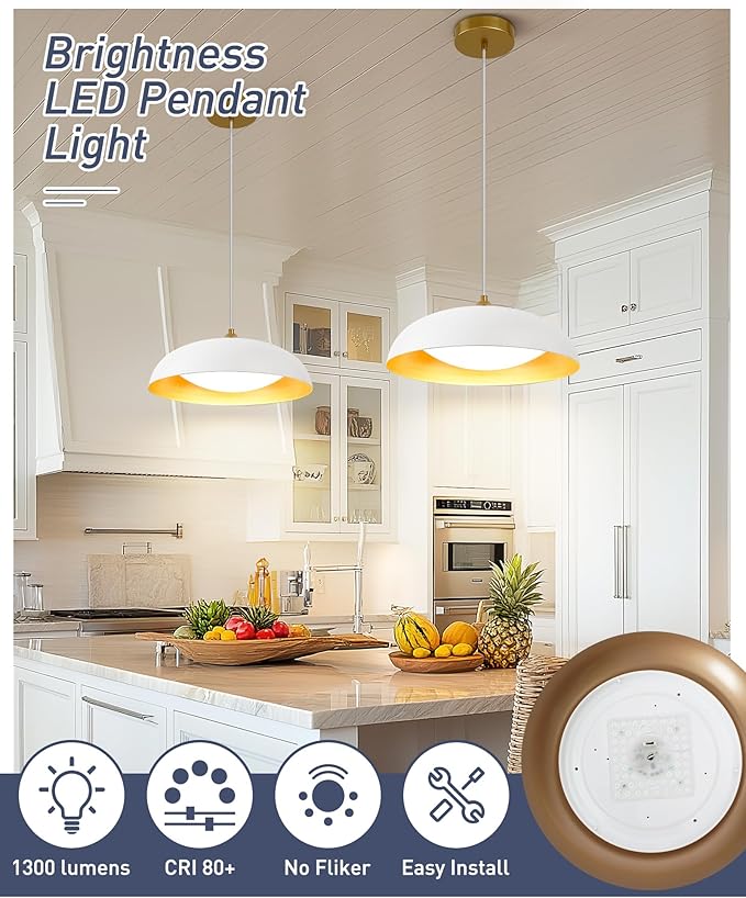 kudos LED Pendant Light Fixtures, Modern White and Gold Pendant Lights, 15 Inch Large Hanging Light Fixtures for Kitchen Island, Dining Room, Living Room, Bedroom, 5CCT Adjustable, KDPL02-WT