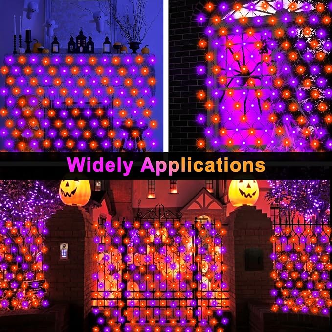 echosari Halloween Net Lights Battery Operated, 5ft ×5ft 100 LED Net Lights with Remote Timer Dimmable Garden Mesh Lighting for Bush Fence Wall Party Decor (Purple Orange)