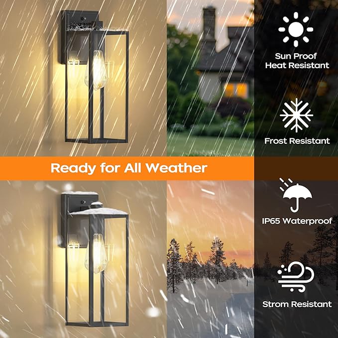 WIHTU 16in Dusk to Dawn Outdoor Lighting Fixtures, Exterior Front Porch Light, Black Sensor Wall Sconce Lamp, Waterproof Wall Lantern, Anti Rust Outside Coach Lights for House, Doorway, Garage