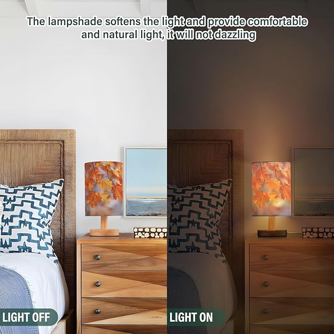 Aslsiy Maple Leaves Bedside Table Lamp Autumn Nightstand Lamp Night Light Fabric Shade for Bedroom Living Room Home Office