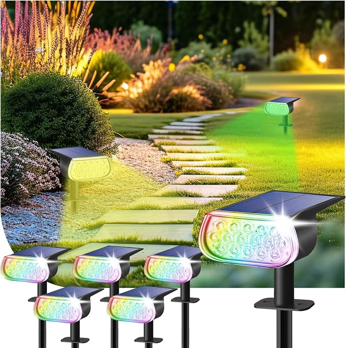 Solar Spot Lights Outdoor Waterproof IP67, Color Changing RGB Landscape Spotlights 8 Lighting Modes Solar Outdoor Lights for Yard Garden Pathway 6 Pack