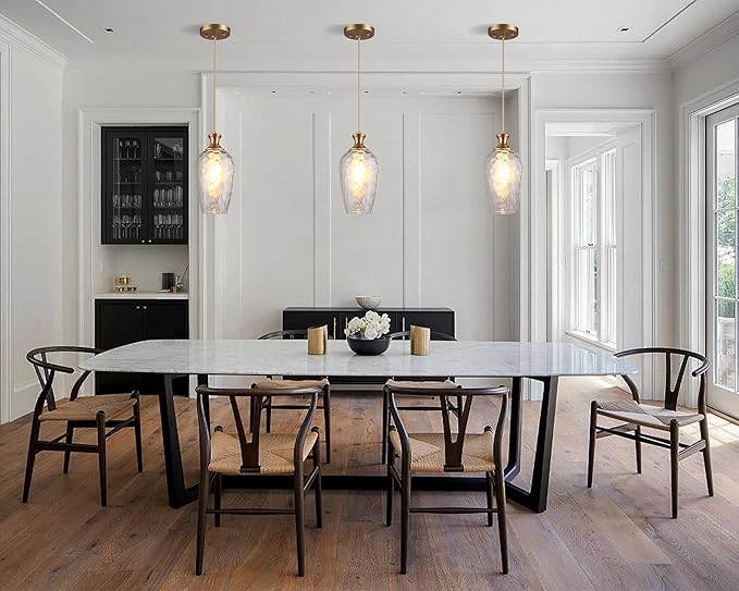 2 Pack Glass Pendant Lights Kitchen Island Gold Vintage Pendant Light Hand-Blown Hammered Clear Glass Hanging Light Fixtures E26 Brass Pendant Light for Kitchen Sink Dining Room