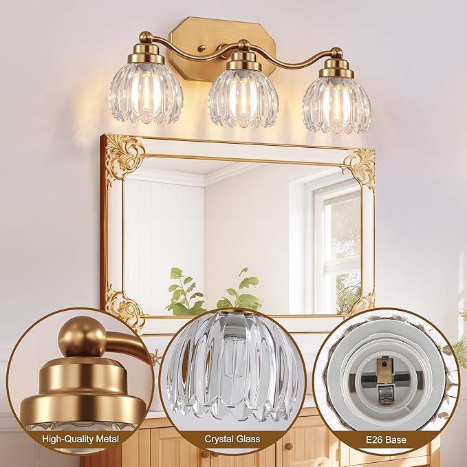 VbiTmn Gold Bathroom Light Fixtures, 3 Light Vintage Vanity Lights, Antique Brass Brushed Gold Finish, Crystal Transparent Glass Shade, Mid Century Wall Sconces for Bedroom, Living Room, Hallway
