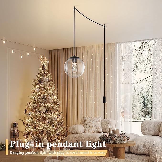 KoKo&Yukina 10" Globe Pendant Light Black Plug in Pendant Light Adjustable Hanging Lights with Plug in Cord Matte Black Finished with Clear Glass Lampshade for Bedroom Kitchen Island（Bulb Included）