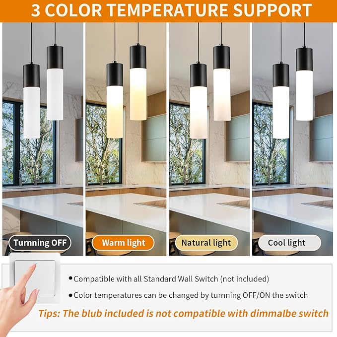 Kitchen Island Pendant Lights LED Black Small Pendant Light 12W with Milky White Lampshade Modern Ceiling Hanging Lamp for Bedroom Bedside Dining Room Table Bathroom, 1 Pack, 3000K-6000K