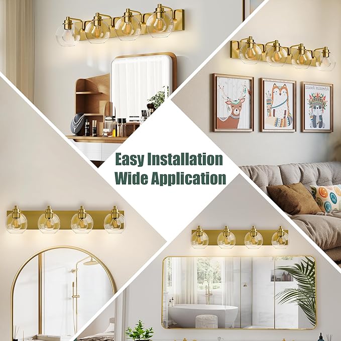Espird 4 Light Bathroom Light Fixtures-Brushed Gold Bathroom Vanity Lights, Modern Vanity Lights 4-Light Bathroom Lighting Fixtures Over Mirror with Clear Glass Globe Shade