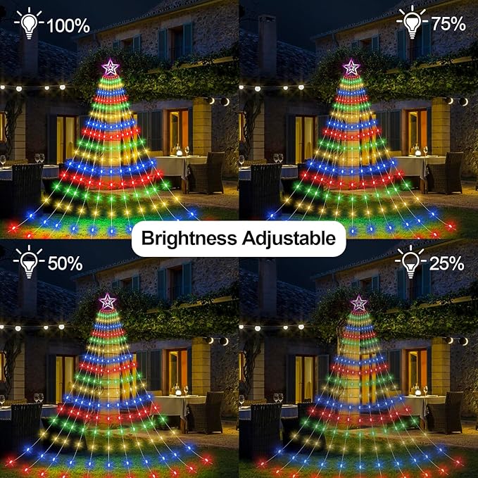 Christmas Star Waterfall Tree Lights - 23ft 11 Strand 818 LED Outdoor Decorations With 8 Modes Timer Remote - Plug-in Multicolor Lights for Indoor Yard Patio Home Holiday Party Decor