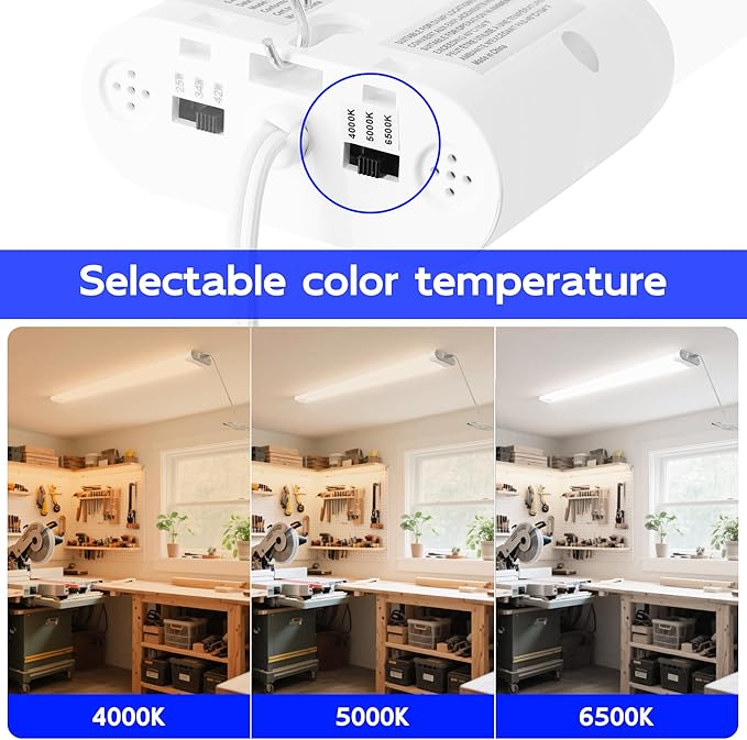 hykolity LED Shop Lights 4FT, 3CCT Selectable 4000K/5000K/6500K, Adjustable 25W/34W/42W, 5500LM Linkable Shop Lights for Garage, Ceiling or Hanging Mount, 4 Pack