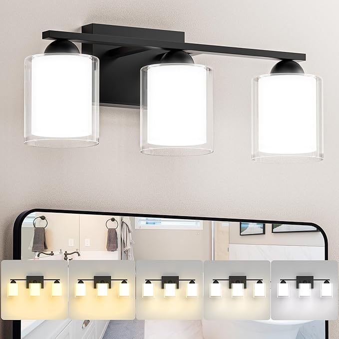 Quntis Black Bathroom Lighting Fixtures Over Mirror with 5 Color Modes, 3 Light Dimmable LED Bathroom Vanity Light, with Eye Care Milk White Frosted Glass, 21W Energy Saving, 16 Inch (Bulbs Included)