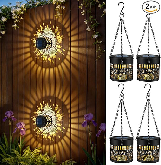 Forlivese 4 Pack Solar Lanterns Outdoor Waterproof, Sunflower Solar Garden Decor Gifts for Women Mom Grandma, Hanging Solar Fence Lights Metal Decorations Outside for Yard, Patio, Backyard, Porch