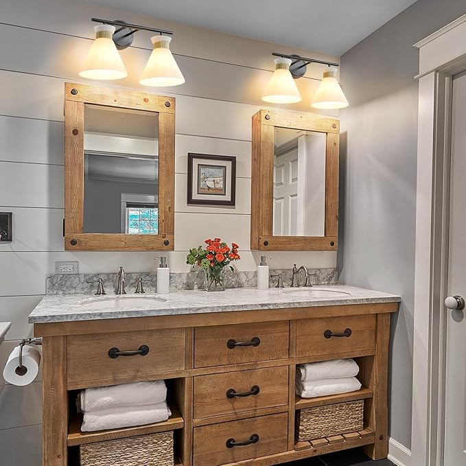 WOSHITU Bathroom Vanity Light Fixtures: 2-Lights Mid Century Modern Vanity Lights for Bathroom, Black and Gold Wall Sconce Lighting with Frosted Milky Glass for Over Mirror Bedroom Hallway