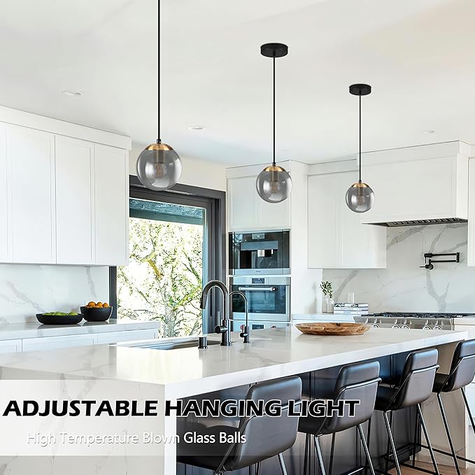 KoKo&Yukina 6 Inch Globe Pendant Light Gold Globe Pendant Lights Kitchen Island Mid Century Light Fixture with Grey Glass Shade for Dining Room (2 Pack)