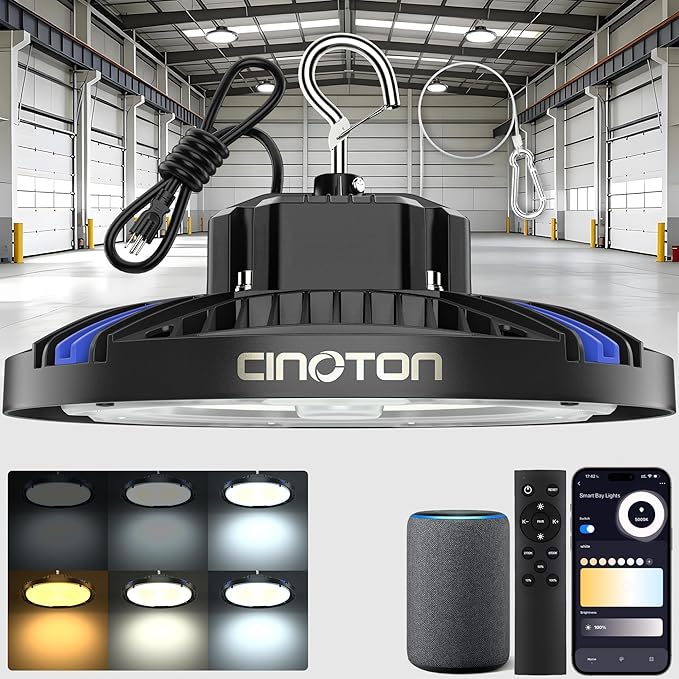 CINOTON Smart UFO LED High Bay Light 210W 29400lm, 2700K-6500K 1-100% Brightness Stepless Dimm Aluminum Shop Lights, ETL Listed Lighting for Garage Workshop, APP/Alexa/Remote Control, 120-277V, 1 Pack