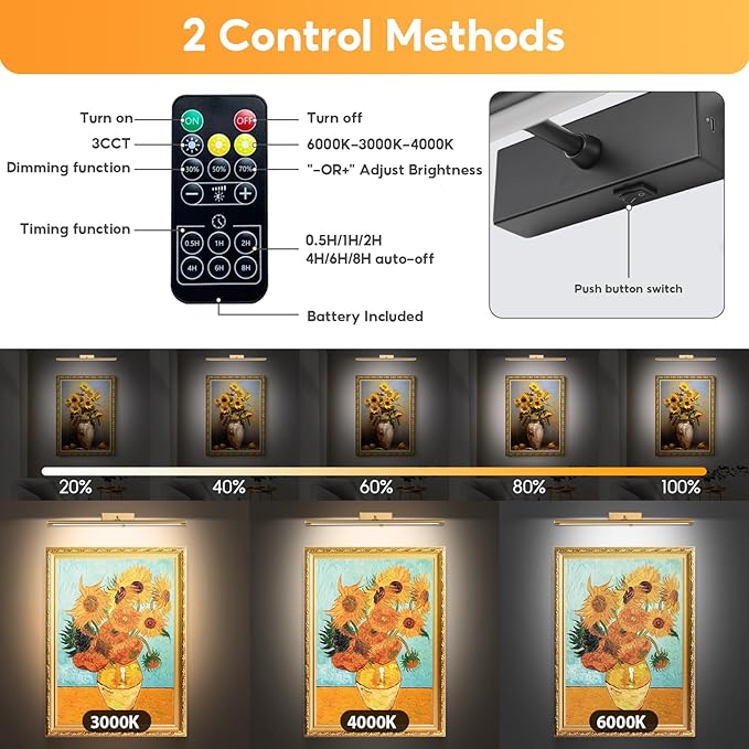 Picture Light for Wall Battery Operated, 12" Rechargeable Art Light with Remote and Timer for Painting, 3 Color Temps, Wireless Wall Light for Display, Artwork, Portrait, Gallery, Black