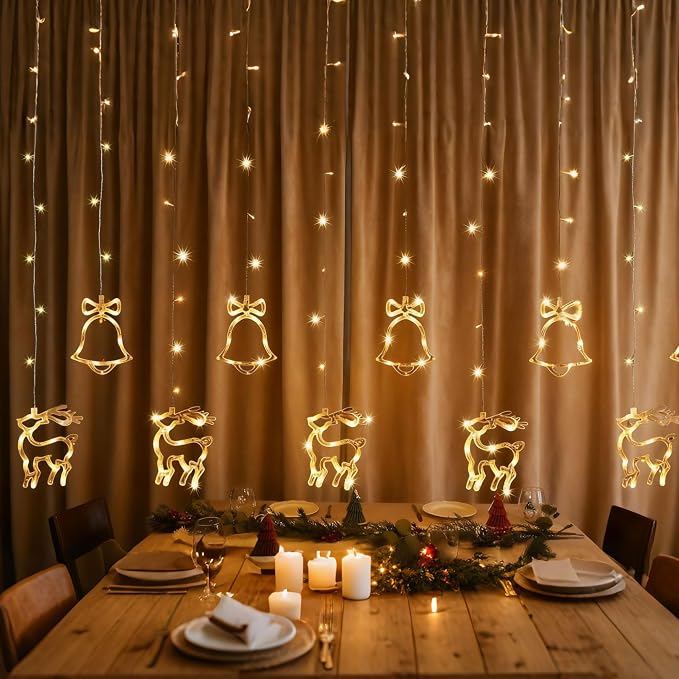 180 LED Christmas Curtain String Lights, 8.3 FT Linkable Warm White Window Fairy Lights with 12 Reindeer & Bell Pendants, 8 Modes Waterproof for Xmas Tree Holiday Party Decorations