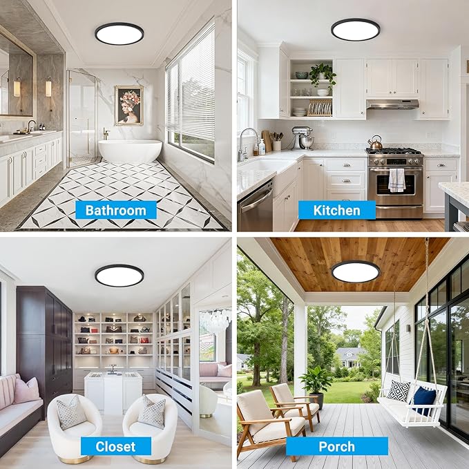 LED Flush Mount Ceiling Light,12Inch 24W,3000K/3500K/4000K/5000K/6500K 5 Color Temperatures Ceiling Light Fixture for Kitchen Porch Hallway Bedroom Bathroom and Closet,Black