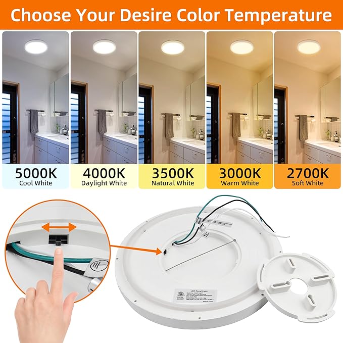 Hlite 12 Inch Flush Mount LED Ceiling Light with Night Light, 24W, 2400lm, Selectable 3000K/4000K/5000K, Flat Lights for Bedroom, Kitchen, White (2Pack)
