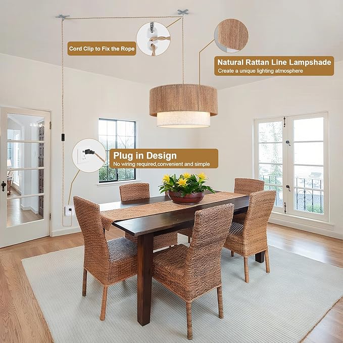 Plug in Pendant Light, 18" Rattan Plug in Chandelier with Linen Fabric Shade, E26 On/Off Switch, Plug in Hanging Pendant Light for Dining Room Living Room Kitchen Foyer