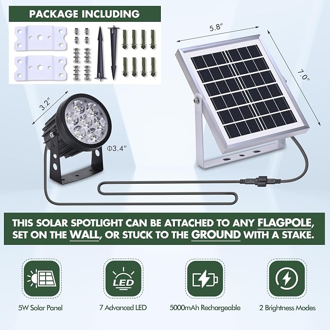 Flagpole Light Solar Powered,Auro 7 Solar Spot Light 7 LED for 1.5"-3.3" Poles,12H Dusk to Dawn Auto On/Off,5W Outdoor IP65 Waterproof,Multiuse on Landscape,Wall - Cold White