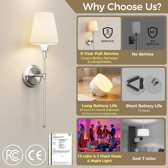 DORESshop Battery Operated Wall Sconce Set of 2, Wireless Wall Light Easy to Install, 7 Color Rechargeable Wall Sconces, Sconce Wall Decor Set of 2 for Bedroom, Living Room, Chrome, 24.6in