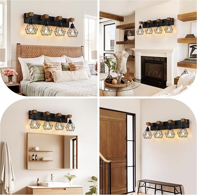 4 Light Farmhouse Vanity Light for Bathroom, Wood Bathroom Vanity Light Fixtures Over Mirror, Rustic Sconces Wall Lighting with Metal Lampshade for Living Room, Bedroom, Hallway