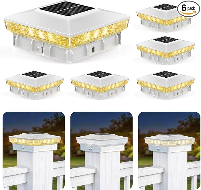 KEILAIMO Solar Post Cap Lights 6 Packs for 4x4 Wooden/Vinyl Posts, IP65 Waterproof Fence Post Solar Lights with Warm/Cool/Neutral Lighting, Outdoor Post Lights for Garden, Patio, Porch- White