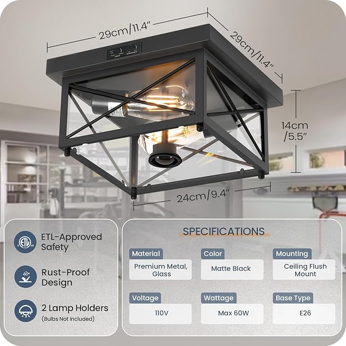 Outdoor Ceiling Light Fixture, Motion Sensor Outdoor Porch Light Ceiling Mount, 2-Light Metal Close to Ceiling Light Fixture with Glass Shade, 3 Modes, Bulbs Not Included, Black BT09XD05